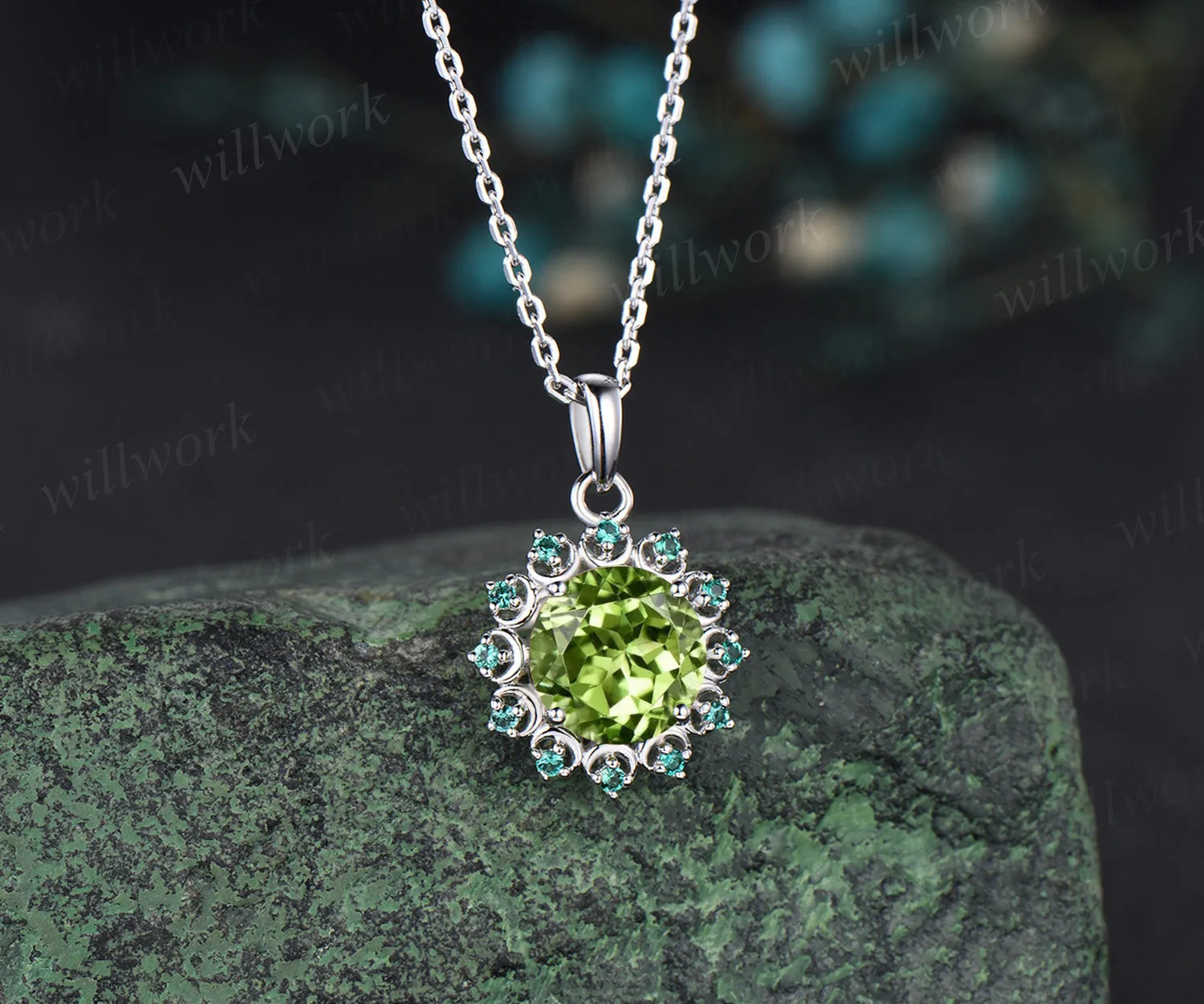 Delicate Round Cut August Birthstone Natural Peridot Engagement Necklace Minimalist May Birthstone Emerald Halo Pendant 14k White Gold Anniversary Gift sold by Willwork Jewelry product image thumbnail 4