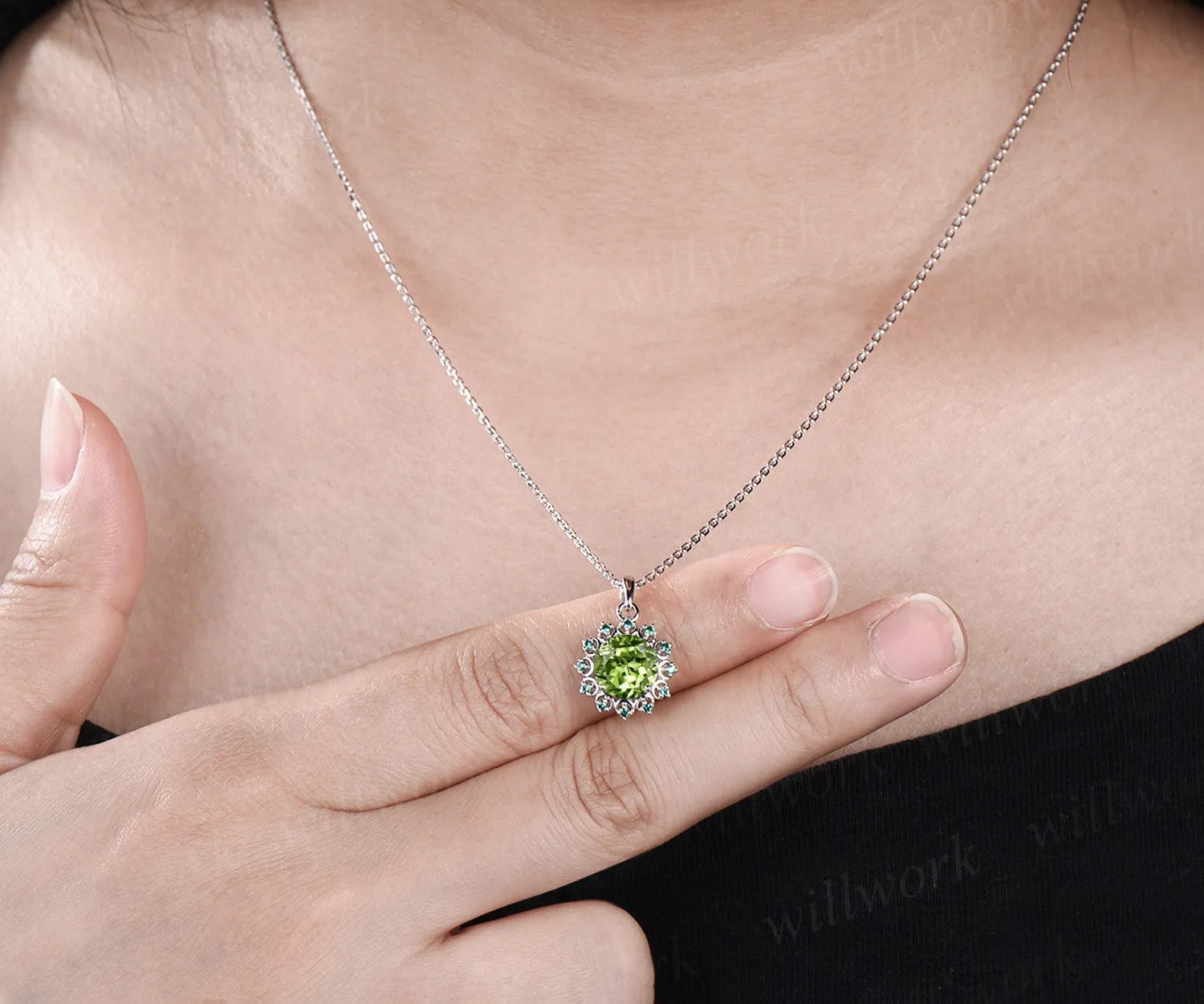 Delicate Round Cut August Birthstone Natural Peridot Engagement Necklace Minimalist May Birthstone Emerald Halo Pendant 14k White Gold Anniversary Gift sold by Willwork Jewelry product image thumbnail 3