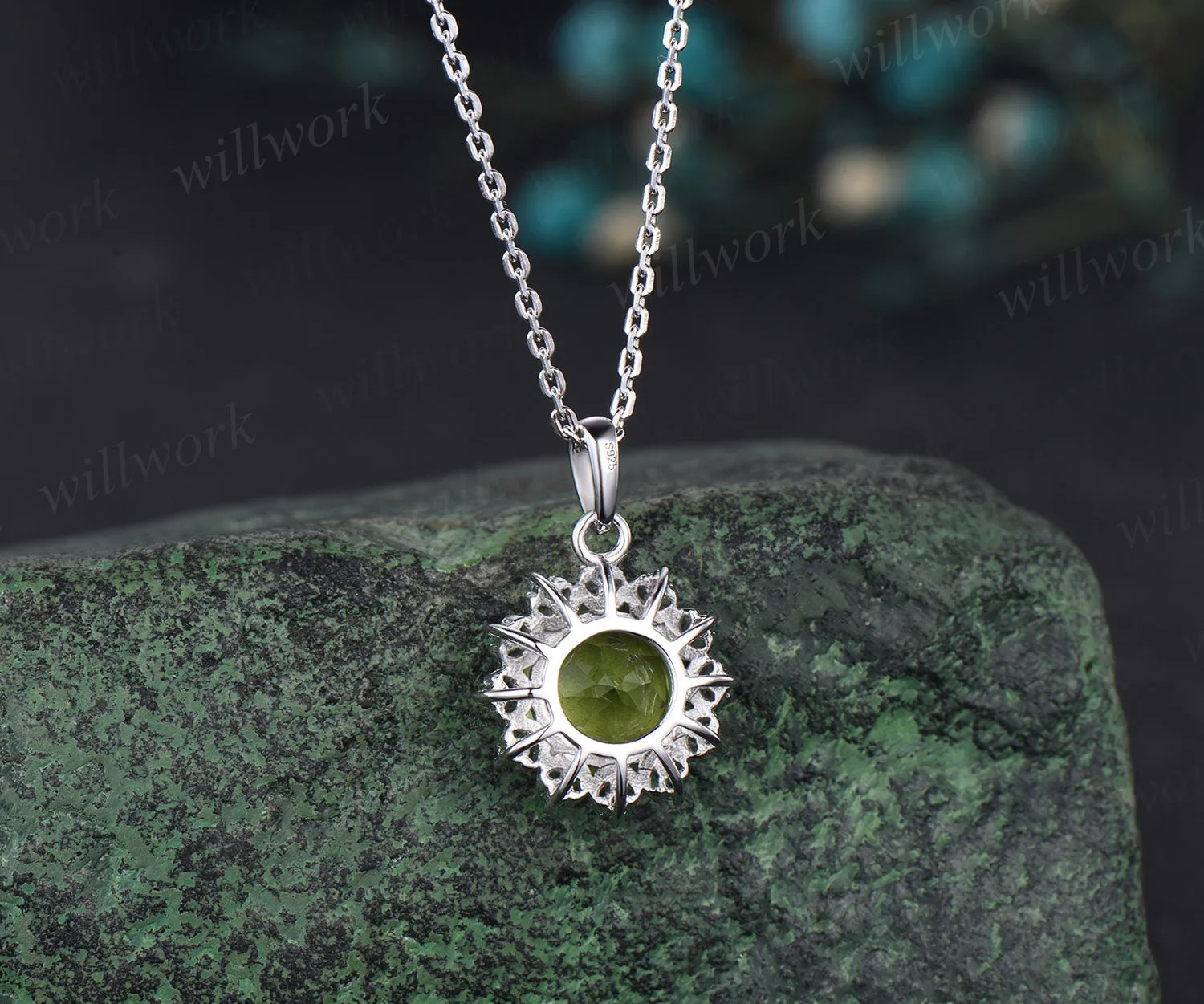 Delicate Round Cut August Birthstone Natural Peridot Engagement Necklace Minimalist May Birthstone Emerald Halo Pendant 14k White Gold Anniversary Gift sold by Willwork Jewelry product image thumbnail 5