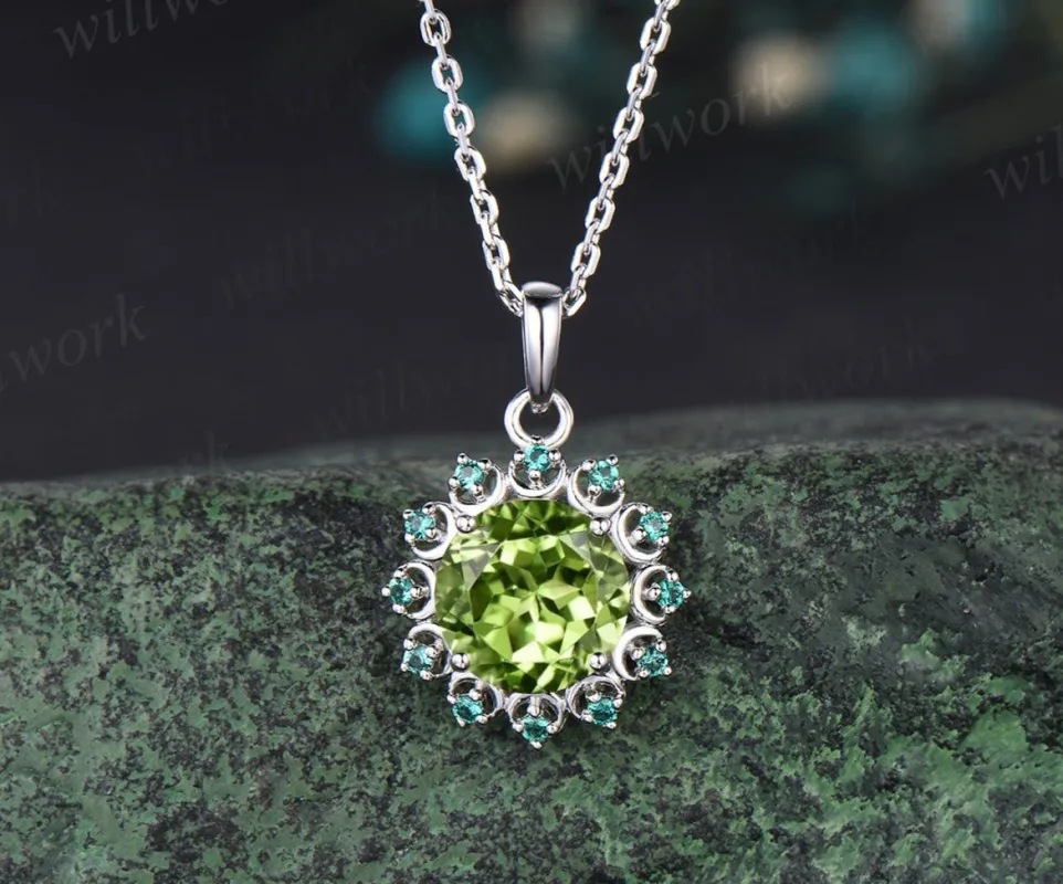 Delicate Round Cut August Birthstone Natural Peridot Engagement Necklace Minimalist May Birthstone Emerald Halo Pendant 14k White Gold Anniversary Gift sold by Willwork Jewelry