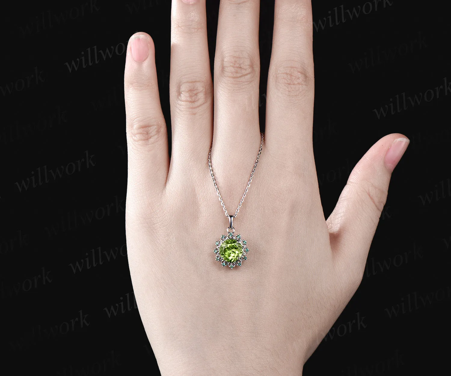 Delicate Round Cut August Birthstone Natural Peridot Engagement Necklace Minimalist May Birthstone Emerald Halo Pendant 14k White Gold Anniversary Gift sold by Willwork Jewelry product image thumbnail 2