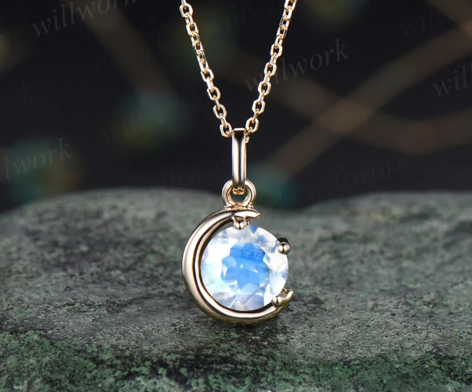 Minimalist June Birthstone Round Cut Blue Moonstone Necklace Delicate Moon Pendant 14k Yellow Gold Solitaire Necklace Birthday Gift sold by Willwork Jewelry