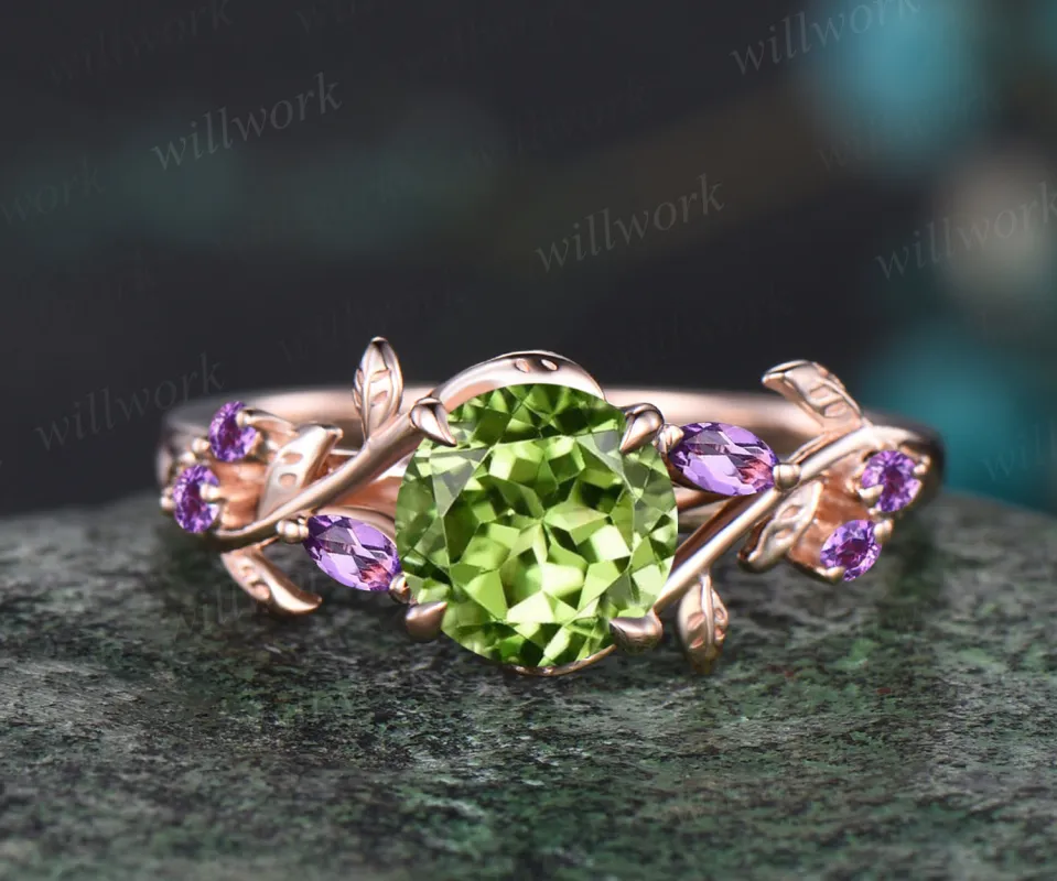 Unique Round Cut August Birthstone Natural Peridot Engagement Ring Art Deco Amethyst Leaf Vine Twig Branch Nature Inspired Ring 14k Rose Gold Bridal Ring For Women sold by Willwork Jewelry