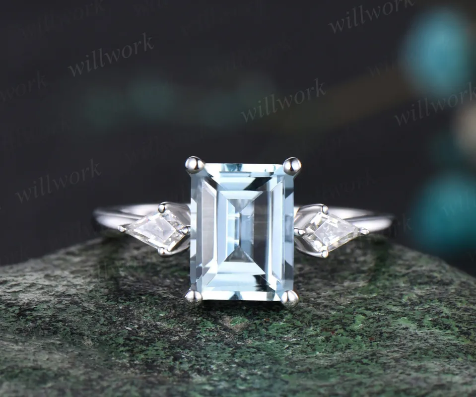Unique March Birthstone Emerald Cut Natural Aquamarine Engagement Ring Kite Moissanite Three Stone Ring 14k White Gold Bridal Gift For Women sold by Willwork Jewelry