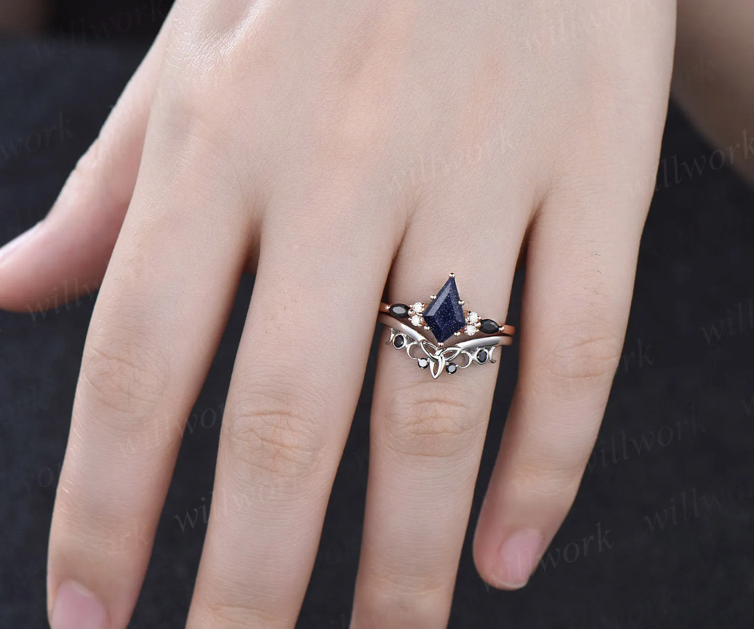 Galaxy Kite Cut Blue Sandstone Engagement Ring Set Unique Black Spinel Celtic Knot Moon Wedding Band Art Deco Healing Jewelry 2pcs Bridal Ring Set sold by Willwork Jewelry product image thumbnail 2