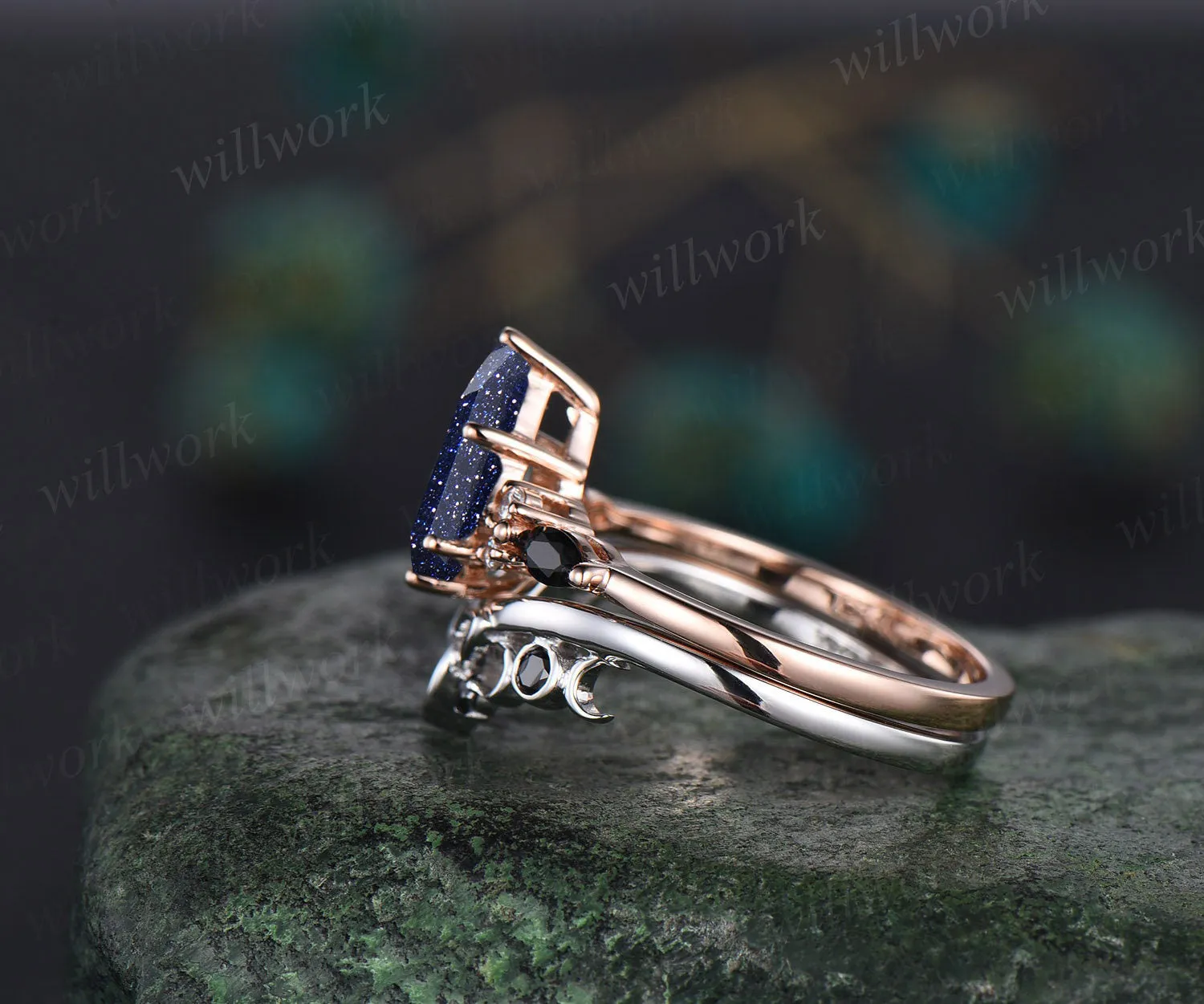 Galaxy Kite Cut Blue Sandstone Engagement Ring Set Unique Black Spinel Celtic Knot Moon Wedding Band Art Deco Healing Jewelry 2pcs Bridal Ring Set sold by Willwork Jewelry product image thumbnail 3