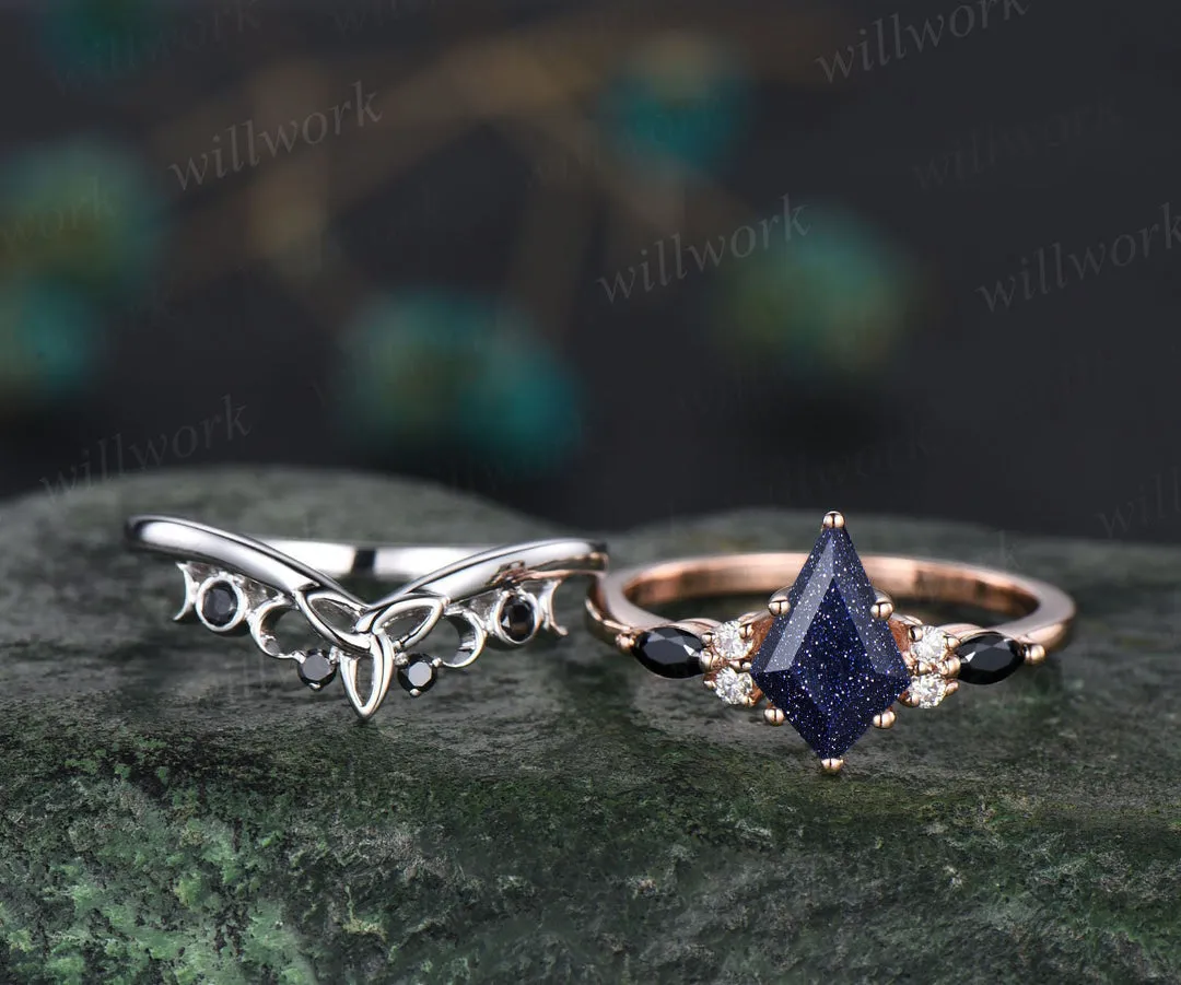 Galaxy Kite Cut Blue Sandstone Engagement Ring Set Unique Black Spinel Celtic Knot Moon Wedding Band Art Deco Healing Jewelry 2pcs Bridal Ring Set sold by Willwork Jewelry product image thumbnail 4