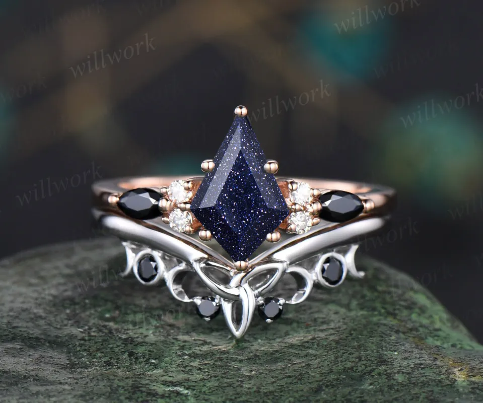 Galaxy Kite Cut Blue Sandstone Engagement Ring Set Unique Black Spinel Celtic Knot Moon Wedding Band Art Deco Healing Jewelry 2pcs Bridal Ring Set sold by Willwork Jewelry