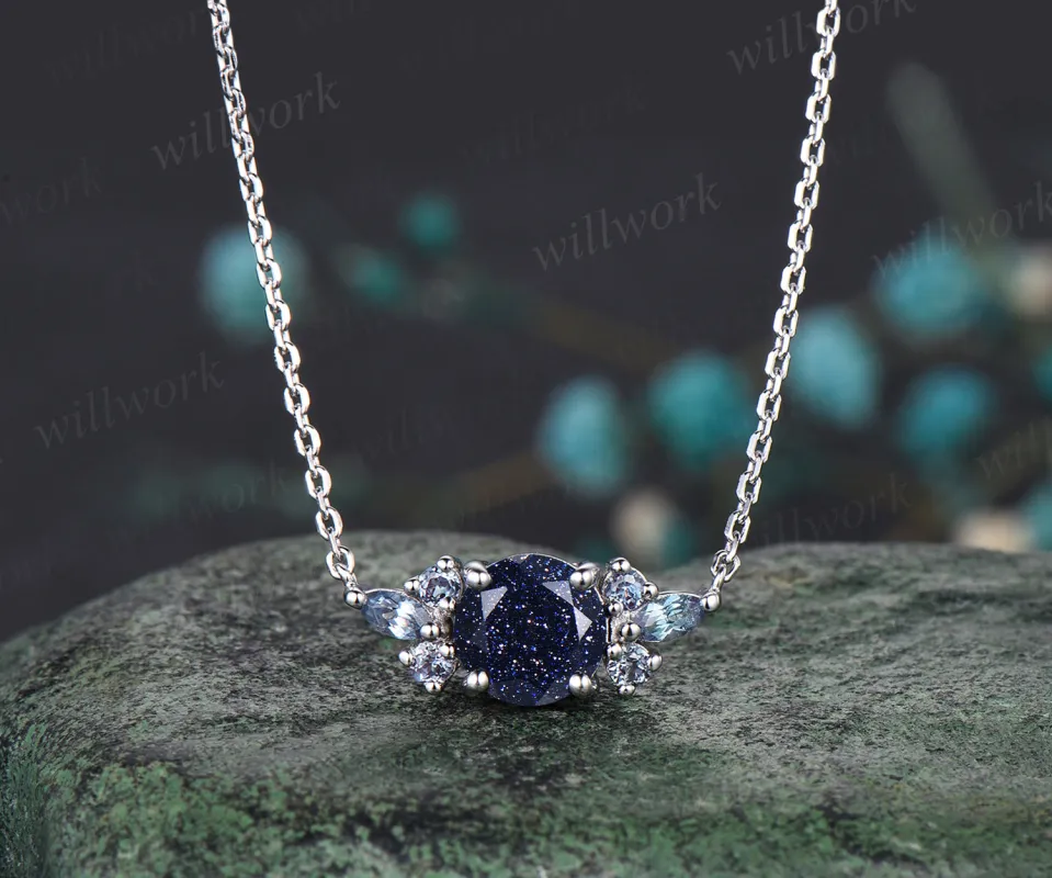 Delicate Galaxy Round Cut Blue Sandstone Necklace Minimalist June Birthstone Alexandrite Pendant Cluster Seven Stone Necklace Healing Jewelry sold by Willwork Jewelry