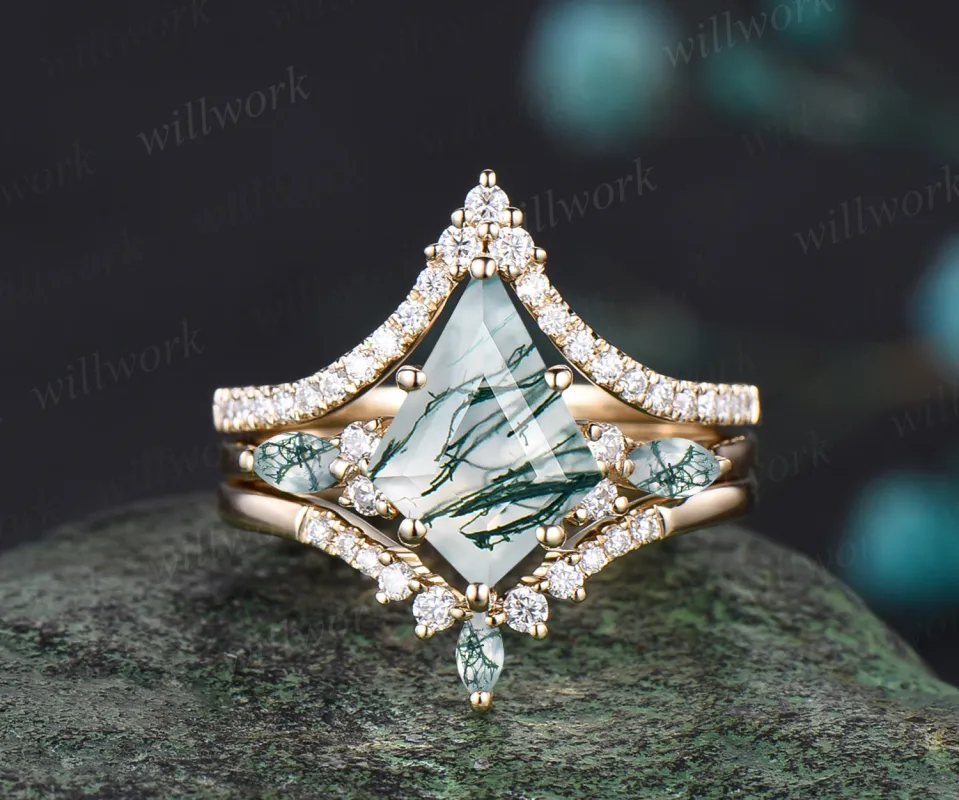 Kite Cut Natural Green Moss Agate Engagement Ring Set Unique 14k Yellow Gold Green Agate Wedding Ring Art Deco 3pcs Bridal Ring Set Women sold by Willwork Jewelry