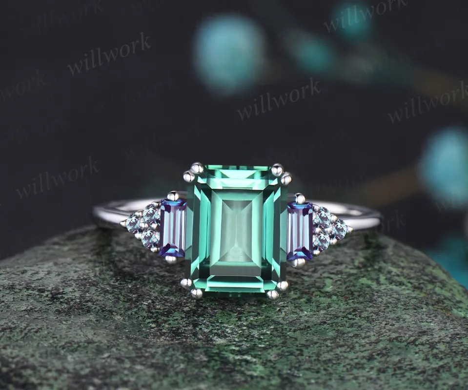 Unique Emerald Cut Green Sapphire Engagement Ring Art Deco Alexandrite Cluster Wedding Ring 14k White Gold Bridal Custom Jewelry sold by Willwork Jewelry