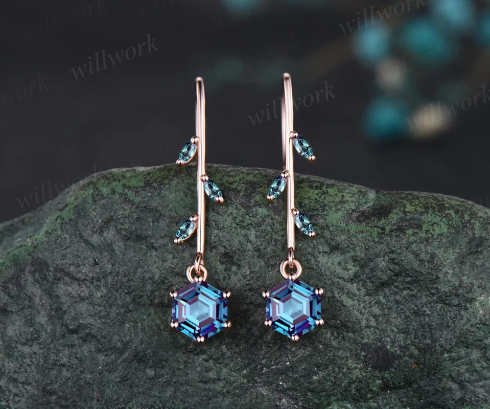 Delicate June Birthstone Alexandrite Drop Earrings Unique Color Change Stone Alexandrite Dangle Earrings 14k Rose Gold Alexandrite Earrings sold by Willwork Jewelry