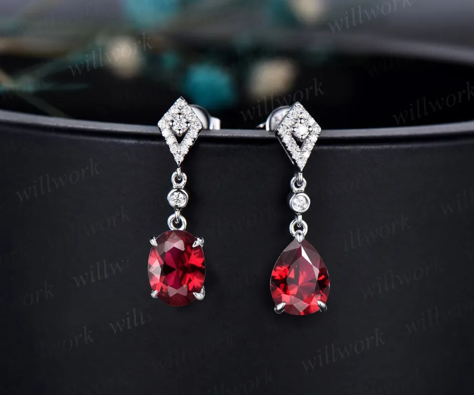 Vintage pear oval cut red ruby earrings women solid 14k white gold dainty kite halo diamond drop earrings gemstone anniversary gift for her sold by Willwork Jewelry