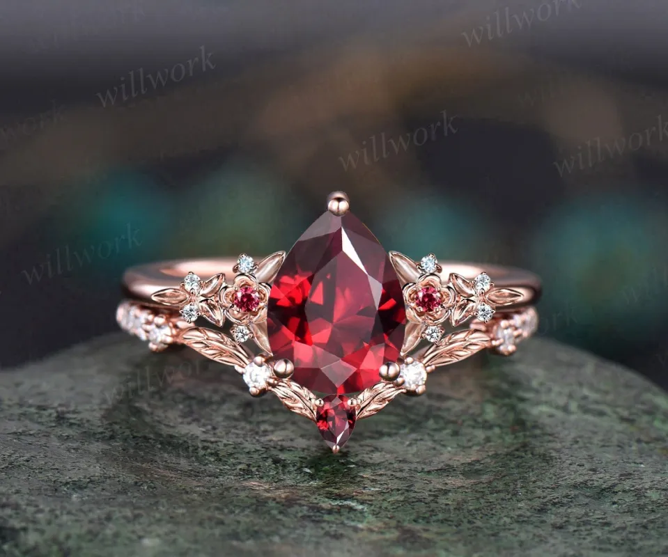 Vintage pear red ruby engagement ring solid 14k rose gold twig leaf floral antique unique cluster diamond bridal wedding ring set women gift made by Willwork Jewelry