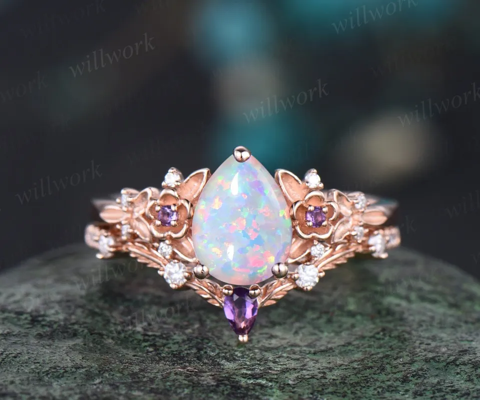 Vintage pear white opal engagement ring 14k rose gold twig leaf floral antique unique cluster diamond bridal wedding ring set women gift sold by Willwork Jewelry
