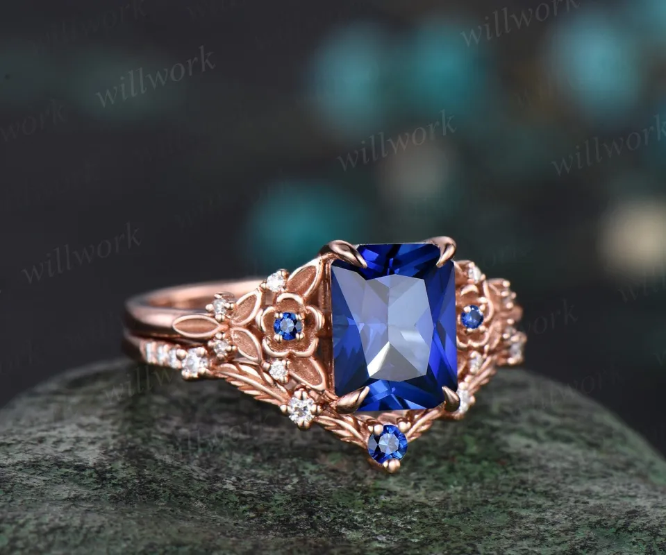 Vintage Radiant cut sapphire engagement ring rose gold leaf flower nature inspired unique cluster diamond bridal wedding ring set women sold by Willwork Jewelry