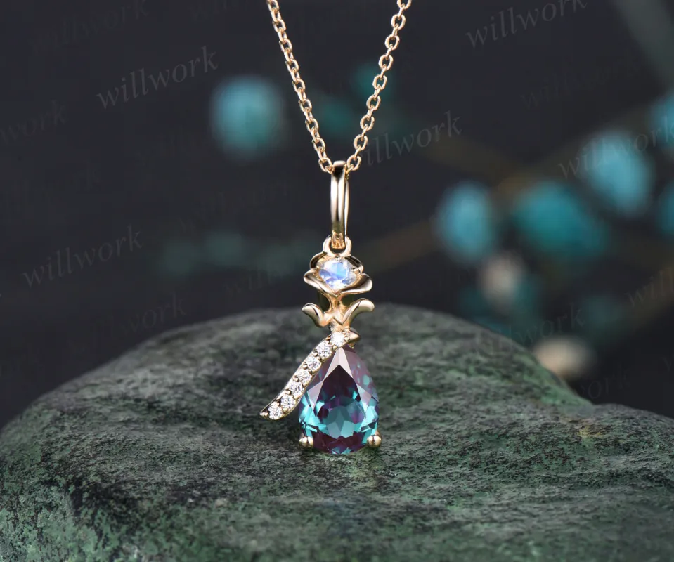Unique Pear Cut June Birthstone Alexandrite Necklace 14k Yellow Gold Moissanite Moonstone Rose Flower Pendant Birthday Anniversary Gift sold by Willwork Jewelry