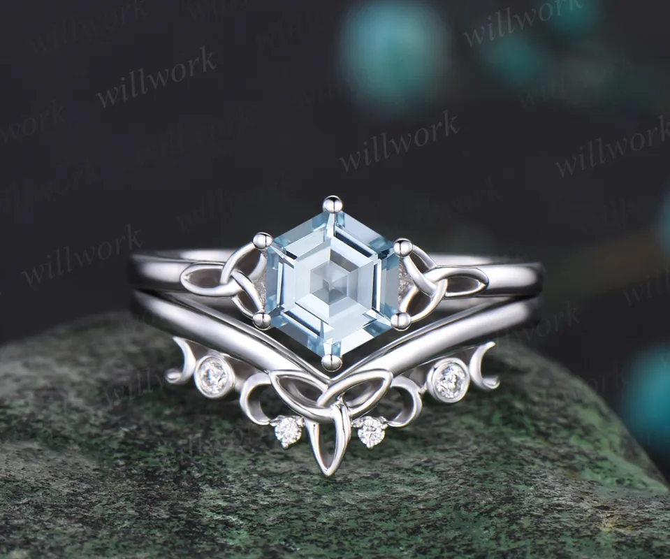 Unique Hexagon Cut March Birthstone Natural Aquamarine Engagement Ring Set 14k White Gold Moissanite Diamond Celtic Knot 2pcs Bridal Ring Set sold by Willwork Jewelry