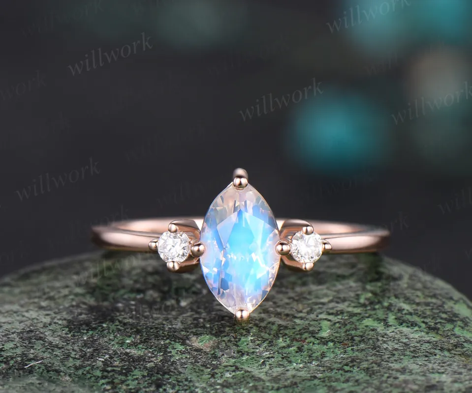 Art Deco Marquise Cut Natural Moonstone Engagement Ring 14k Rose Gold June Birthstone Blue Gemstone Three Stone Ring Birthday Jewelry Anniversary Gift sold by Willwork Jewelry