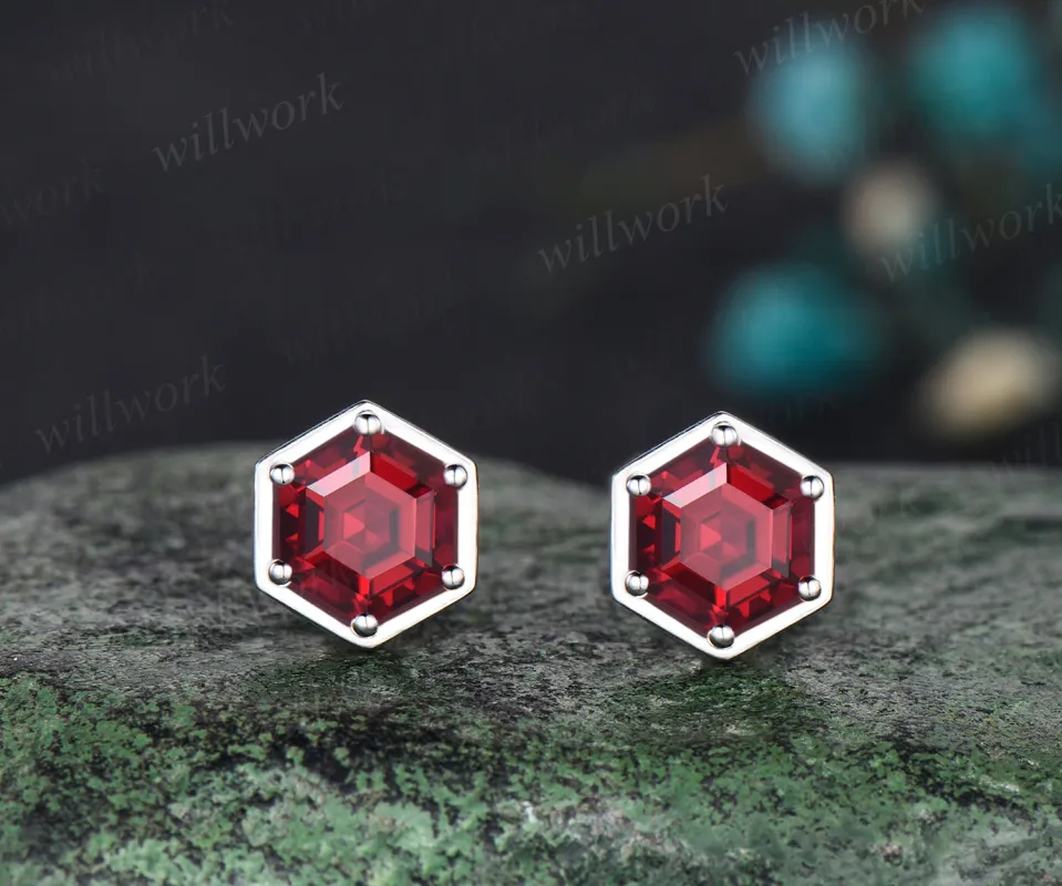 Unique July Birthstone Hexagon Cut Ruby Earrings Vintage 14k White Gold Red Gemstone Stud Earrings Ruby Pierced Earrings Gift For Mother sold by Willwork Jewelry