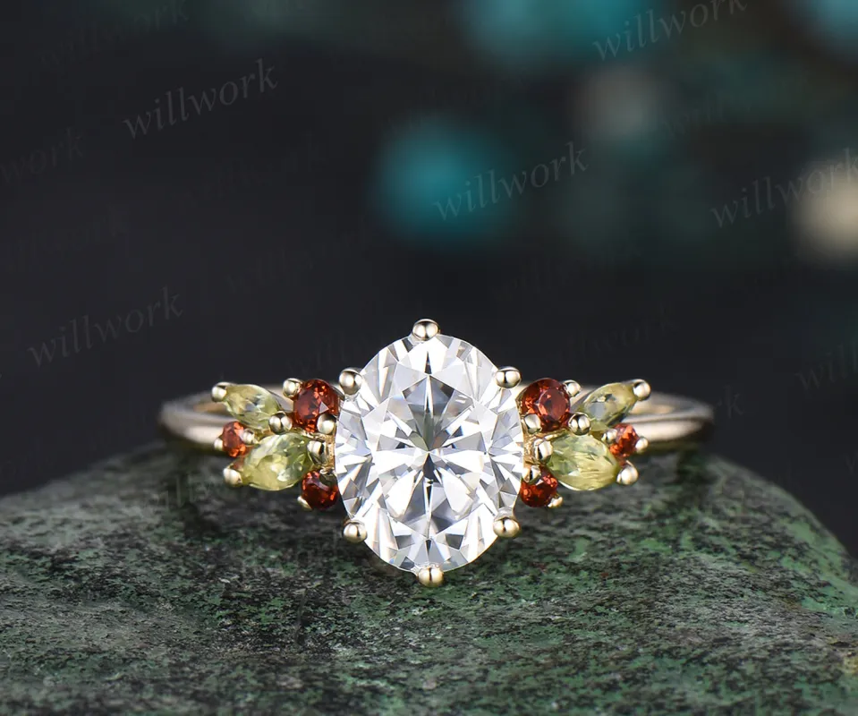 Vintage Oval Cut Moissanite Engagement Ring Natural Peridot Garnet Cluster Wedding Ring 14k Yellow Gold Custom Bridal Gift made by Willwork Jewelry