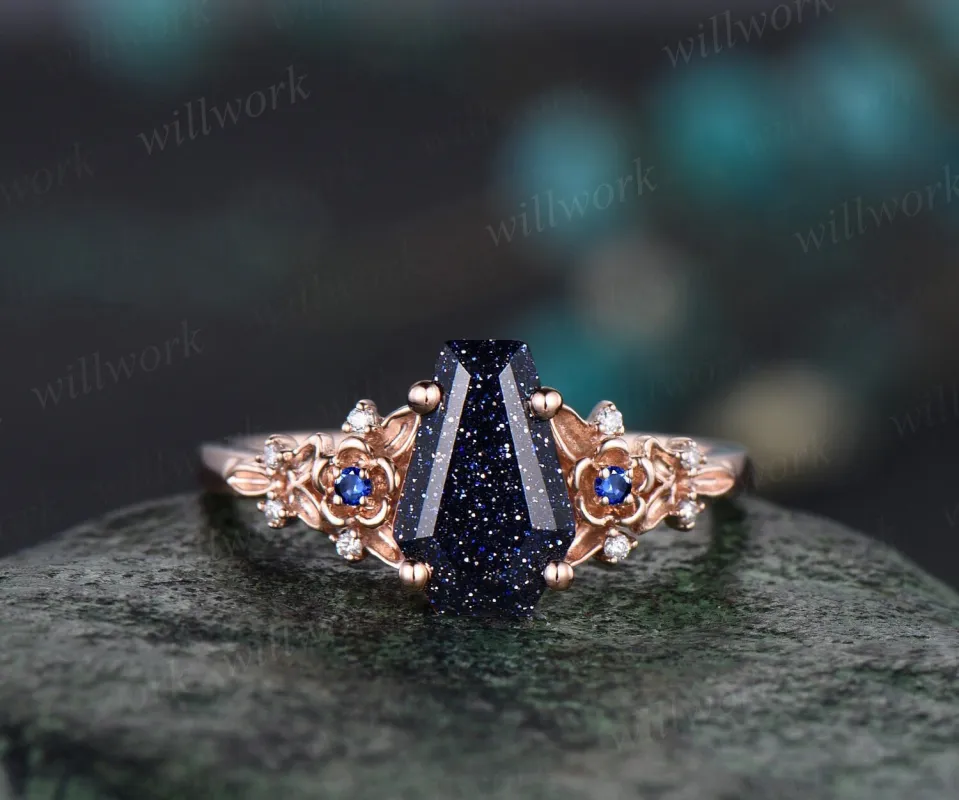 Vintage coffin cut blue sandstone engagement ring rose gold leaf floral unique cluster sapphire diamond promise wedding ring set women gift sold by Willwork Jewelry