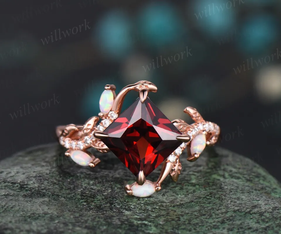 Vintage princess cut red garnet engagement ring rose gold leaf nature inspired branch half eternity diamond opal anniversary ring women gift sold by Willwork Jewelry