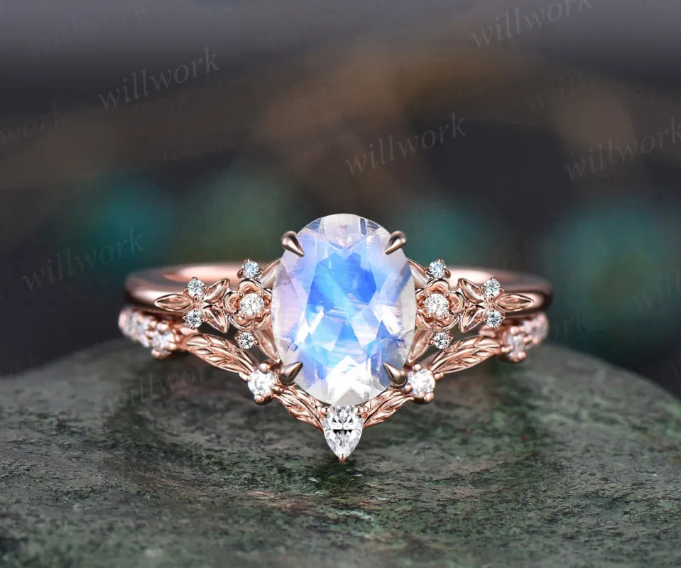 Vintage oval cut moonstone engagement ring solid 14k rose gold leaf floral nature inspired diamond ring women jewelry bridal set sold by Willwork Jewelry