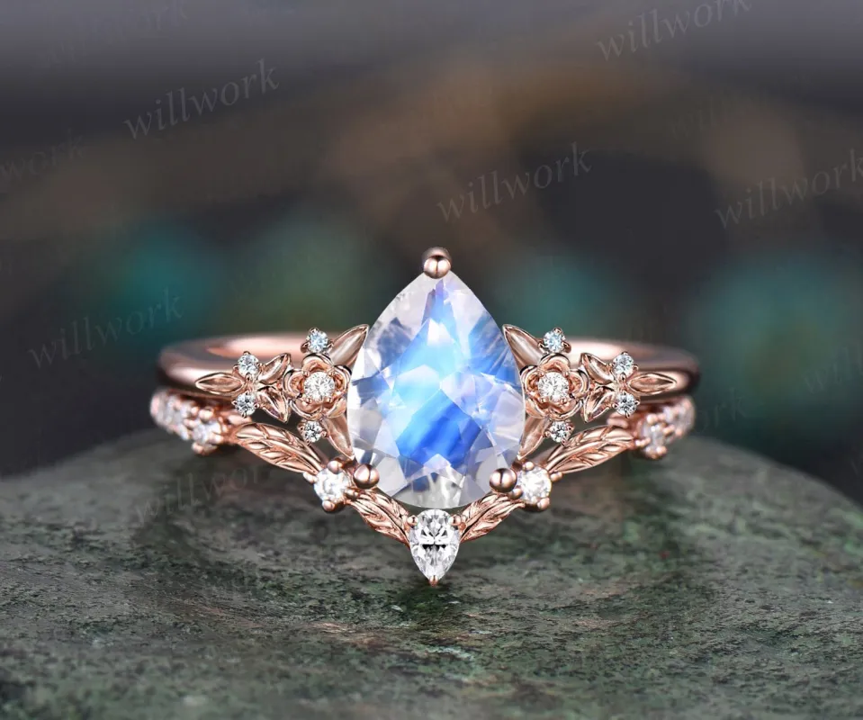 Vintage pear shaped moonstone engagement ring art deco solid 14k ROSE gold twig leaf floral diamond bridal wedding ring set women gift sold by Willwork Jewelry