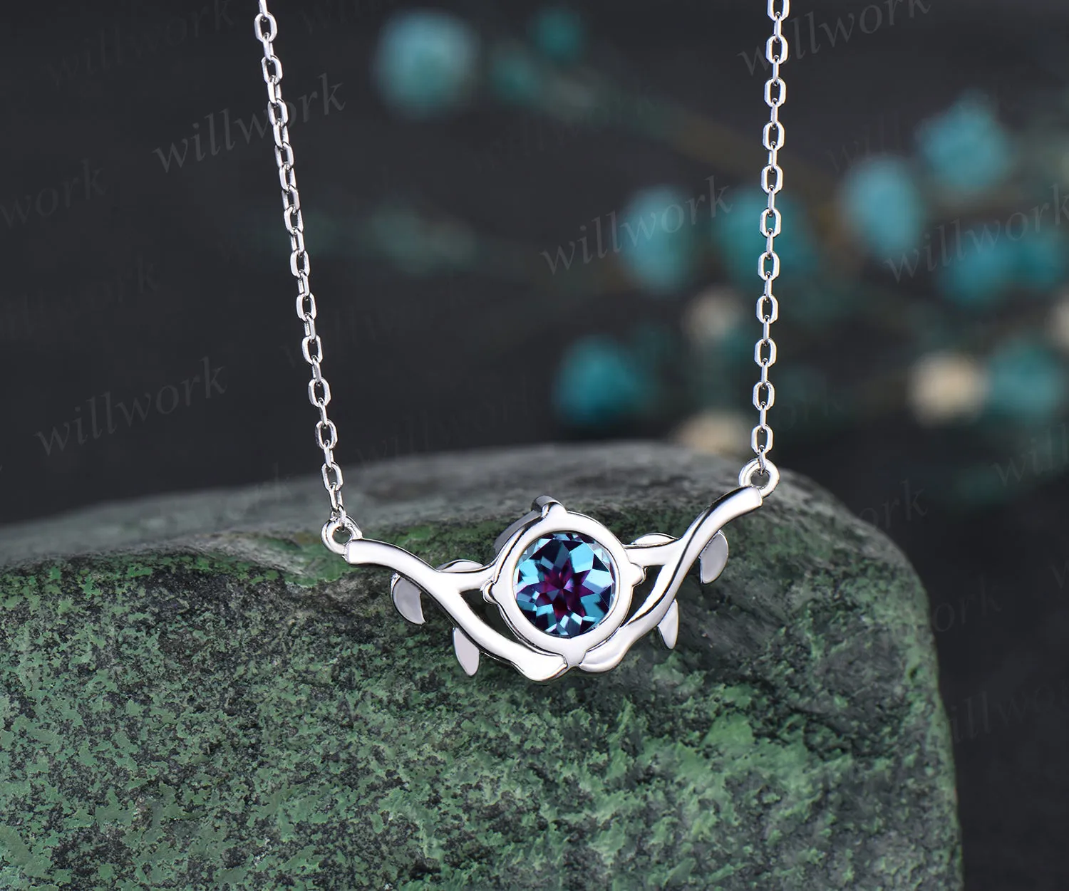 Unique Round Cut June Birthstone Alexandrite Necklace Art Deco Leaf Vine Twig Branch Nature Inspired Pendant Minimalist Solitaire Necklace sold by Willwork Jewelry product image thumbnail 3