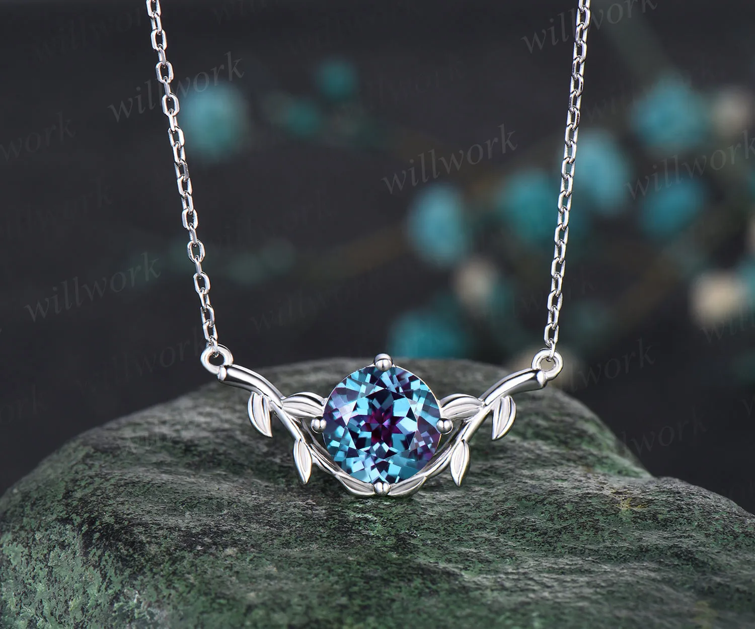 Unique Round Cut June Birthstone Alexandrite Necklace Art Deco Leaf Vine Twig Branch Nature Inspired Pendant Minimalist Solitaire Necklace sold by Willwork Jewelry