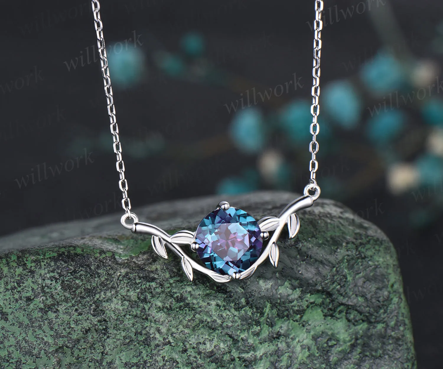 Unique Round Cut June Birthstone Alexandrite Necklace Art Deco Leaf Vine Twig Branch Nature Inspired Pendant Minimalist Solitaire Necklace sold by Willwork Jewelry product image thumbnail 2