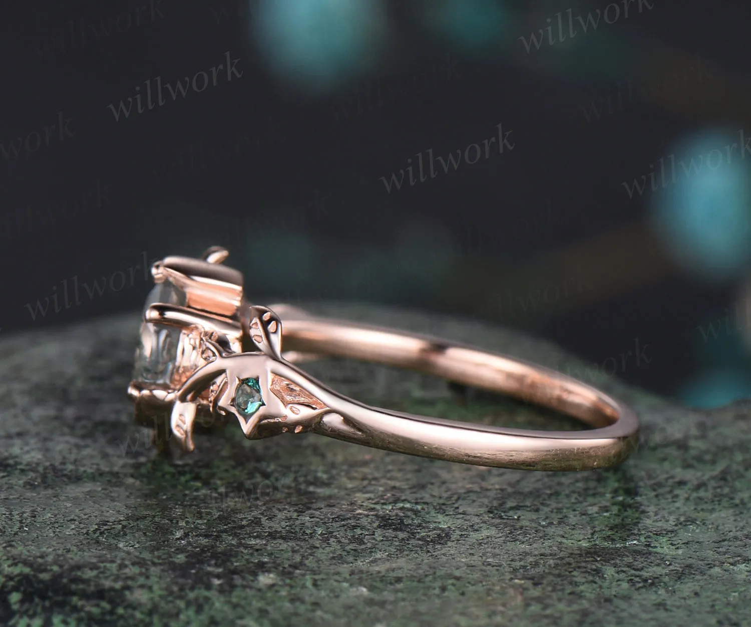 Art Deco Round Cut Natural Green Moss Agate Bridal Ring Unique Emerald Leaf Moon Star Nature Inspired Engagement Ring 14k Rose Gold Promise Gift sold by Willwork Jewelry product image thumbnail 4