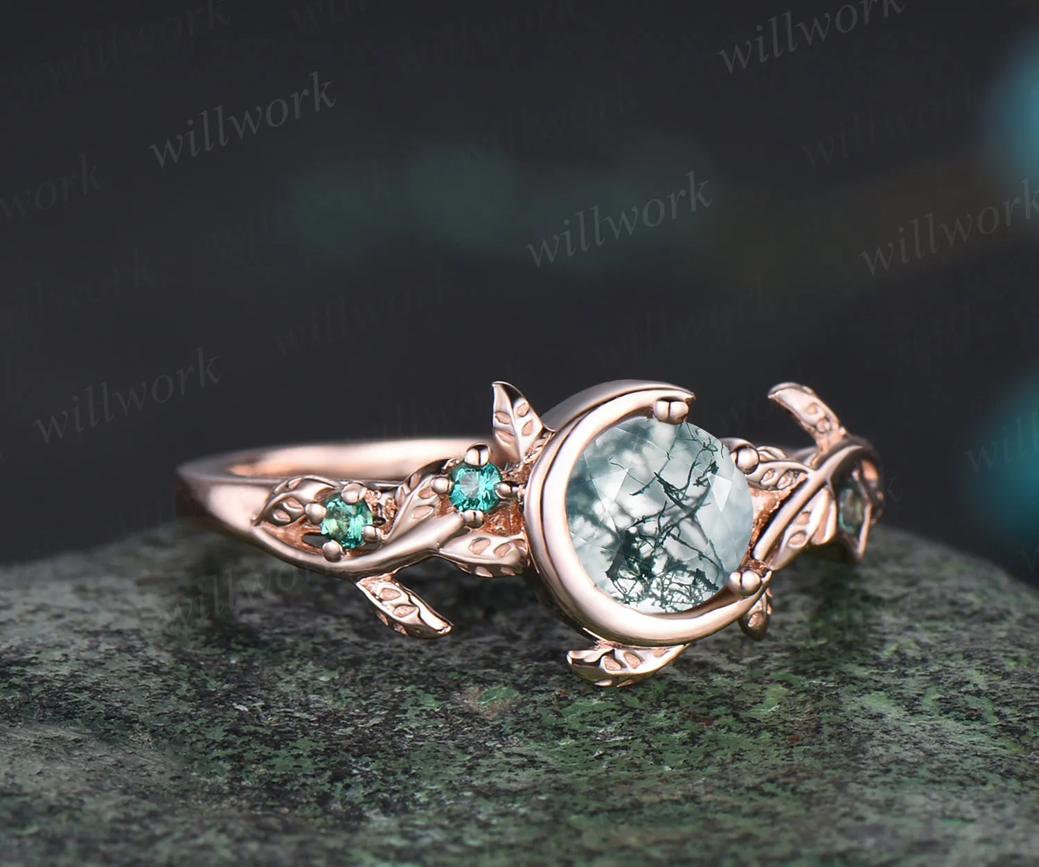 Art Deco Round Cut Natural Green Moss Agate Bridal Ring Unique Emerald Leaf Moon Star Nature Inspired Engagement Ring 14k Rose Gold Promise Gift sold by Willwork Jewelry product image thumbnail 3