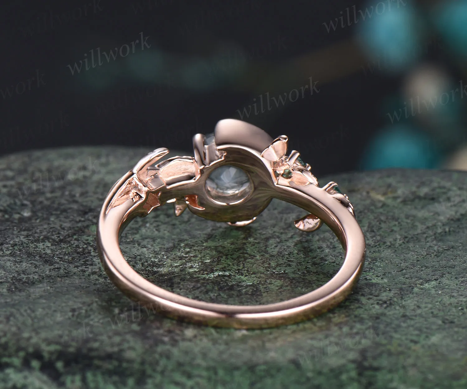 Art Deco Round Cut Natural Green Moss Agate Bridal Ring Unique Emerald Leaf Moon Star Nature Inspired Engagement Ring 14k Rose Gold Promise Gift sold by Willwork Jewelry product image thumbnail 5