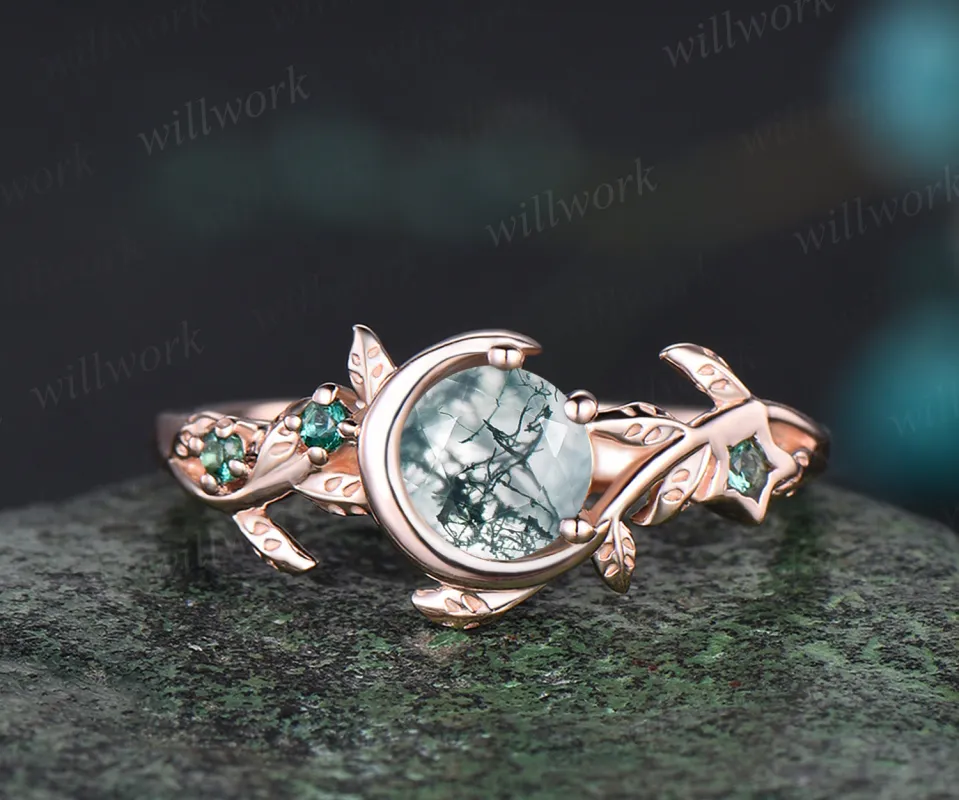 Art Deco Round Cut Natural Green Moss Agate Bridal Ring Unique Emerald Leaf Moon Star Nature Inspired Engagement Ring 14k Rose Gold Promise Gift sold by Willwork Jewelry