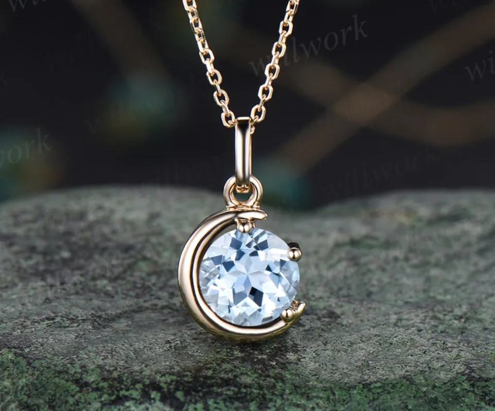 Minimalist March Birthstone Round Cut Natural Aquamarine Necklace Delicate 14k Yellow Gold Moon Pendant Solitaire Necklace Birthday Gift sold by Willwork Jewelry