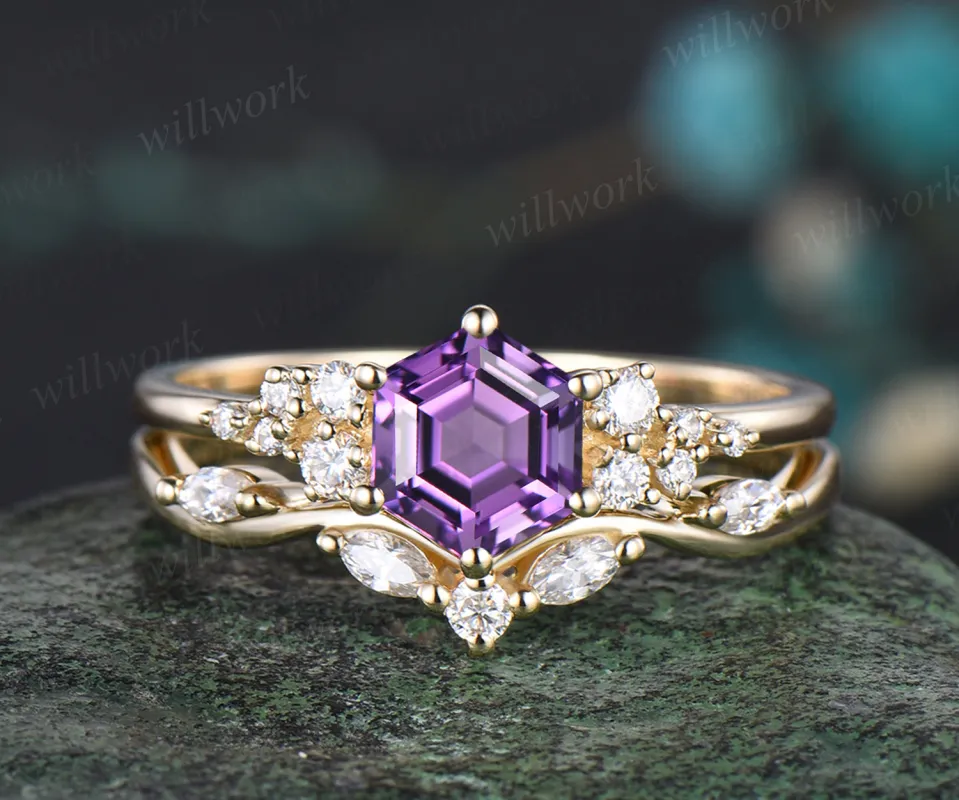 Unique February Birthstone Hexagon Cut Natural Amethyst Engagement Ring Set 14k Yellow Gold Moissanite Snowdrift 2pcs Bridal Ring Set sold by Willwork Jewelry