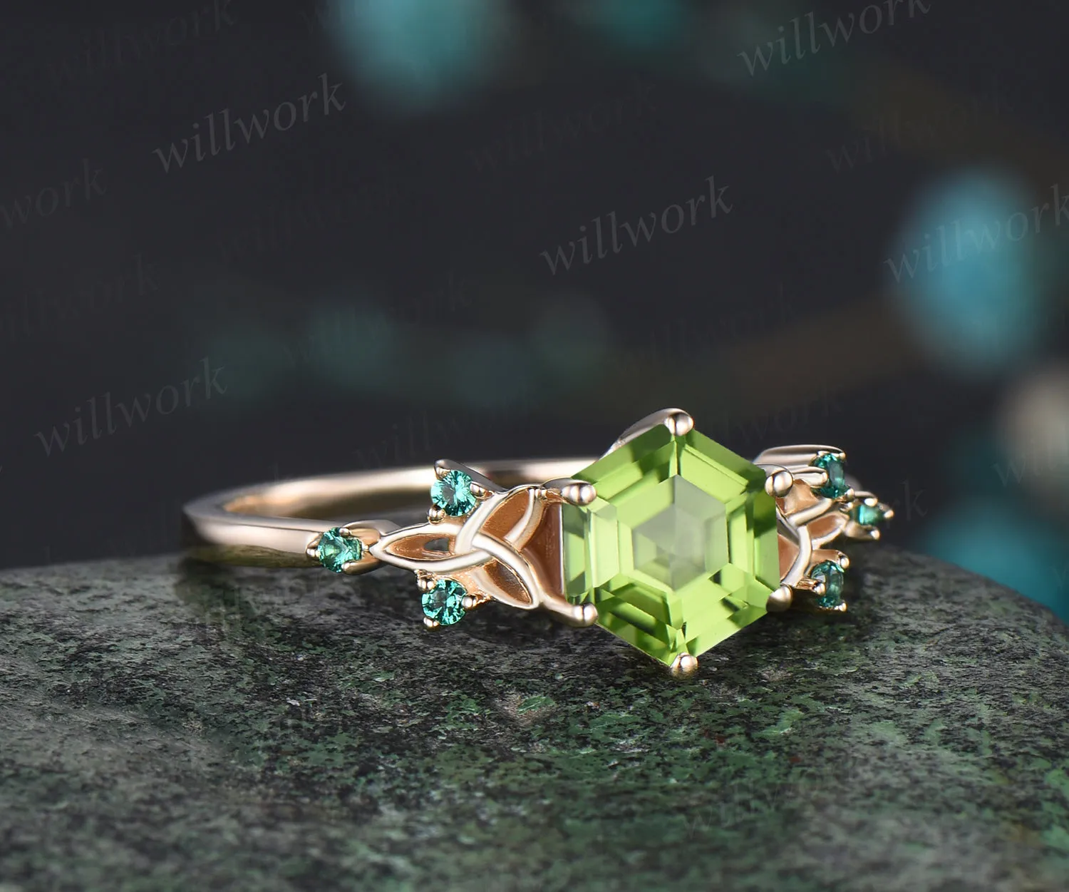 Hexagon Cut Natural Peridot Engagement Ring August Birthstone Celtic Knot Wedding Ring Emerald Seven Stone Bridal Ring sold by Willwork Jewelry product image thumbnail 3