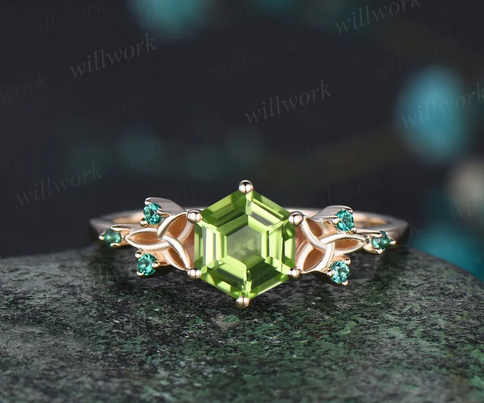 Hexagon Cut Natural Peridot Engagement Ring August Birthstone Celtic Knot Wedding Ring Emerald Seven Stone Bridal Ring sold by Willwork Jewelry