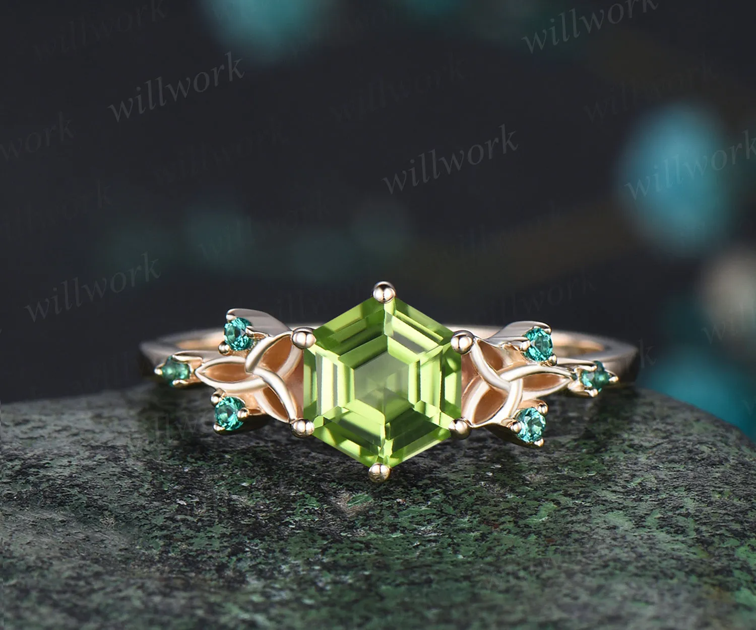 Hexagon Cut Natural Peridot Engagement Ring August Birthstone Celtic Knot Wedding Ring Emerald Seven Stone Bridal Ring sold by Willwork Jewelry