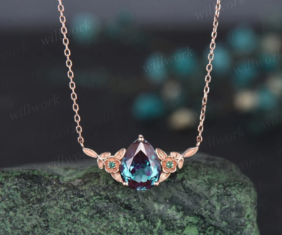 Pear cut alexandrite necklace solid 14k 18k rose gold three stone nature inspired leaf floral emerald pendant women anniversary gift mother sold by Willwork Jewelry