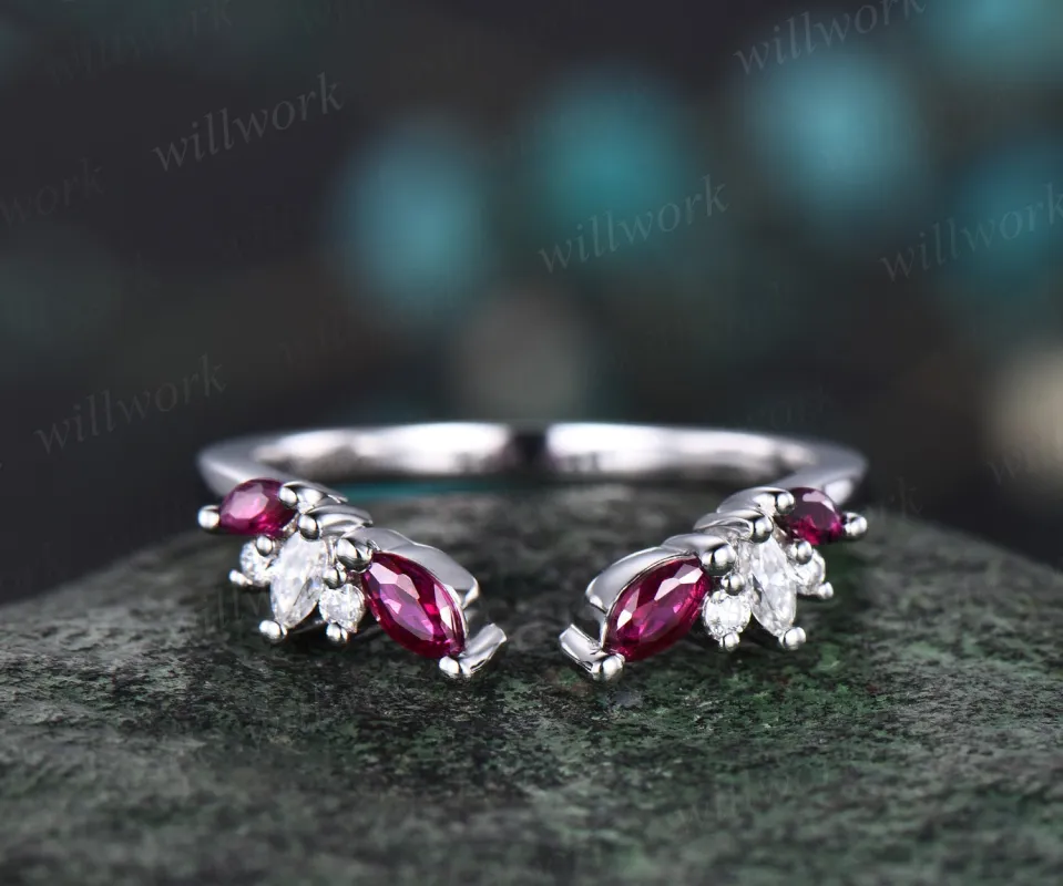 Open gap curved marquise cut natural ruby wedding band solid 14k rose gold cluster diamond ring vintage bridal anniversary ring gift made by Willwork Jewelry