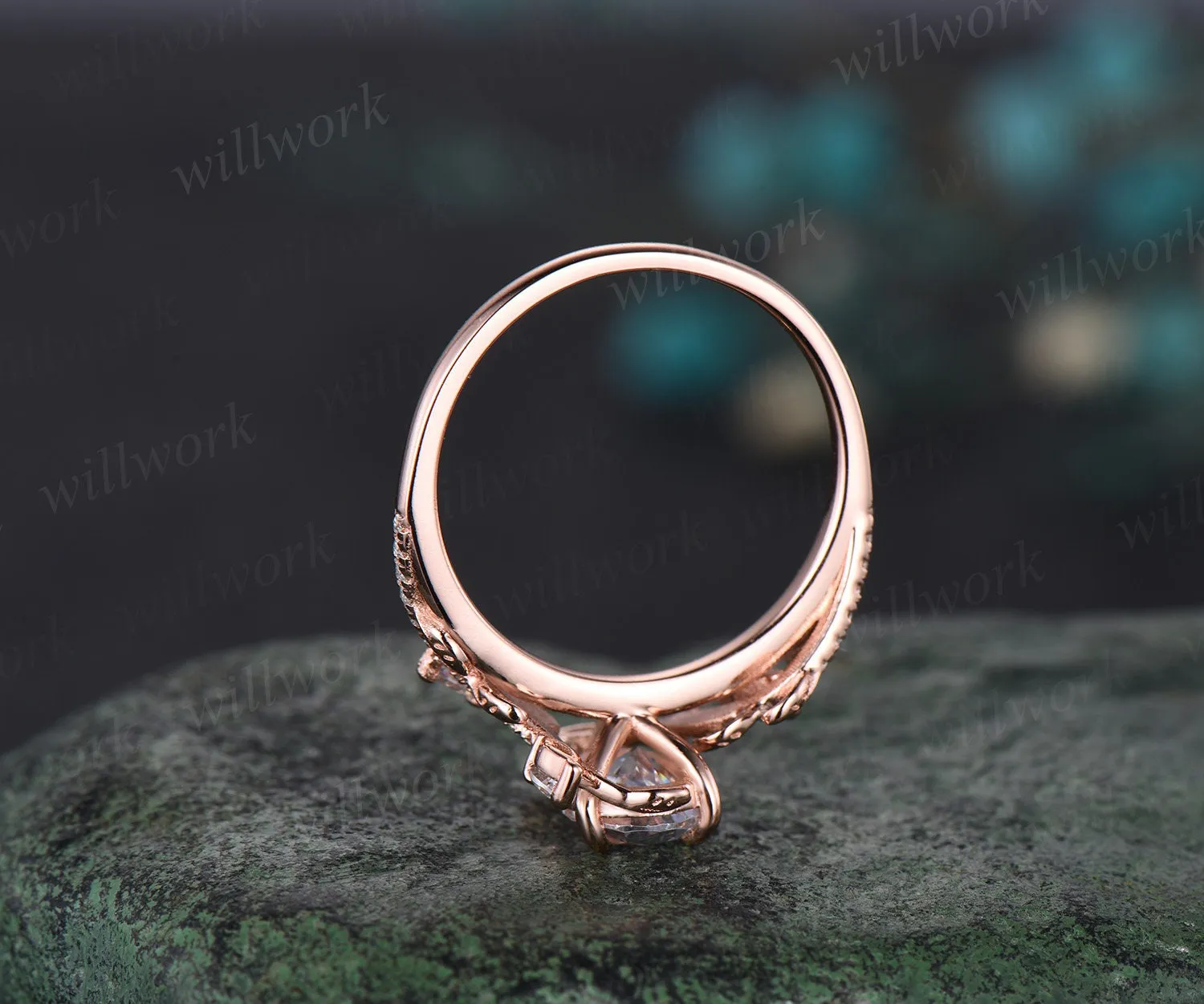 Vintage pear cut moissanite engagement ring set solid 14k rose gold moon leaf half eternity diamond promise wedding ring set women gift sold by Willwork Jewelry product image thumbnail 5