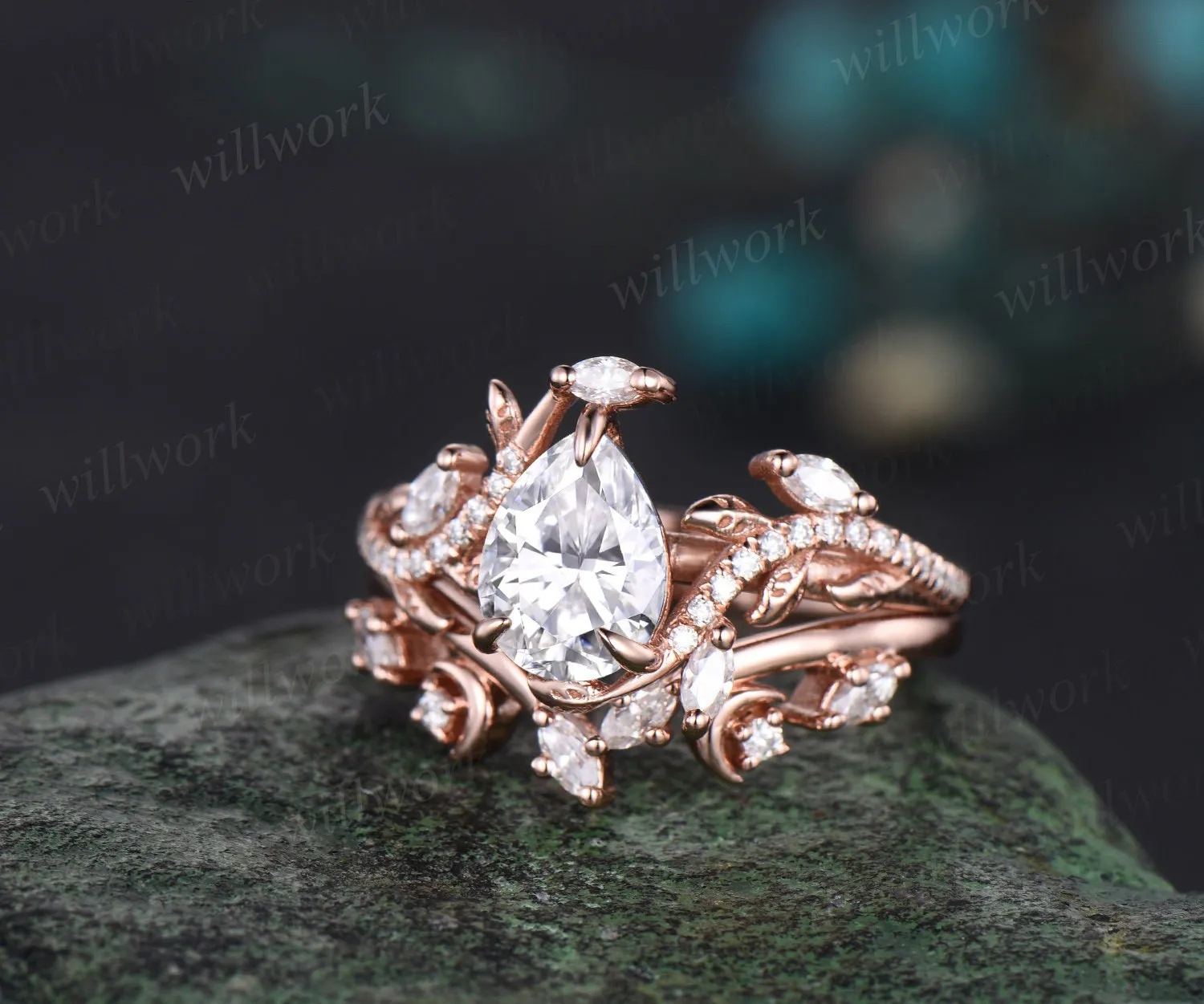 Vintage pear cut moissanite engagement ring set solid 14k rose gold moon leaf half eternity diamond promise wedding ring set women gift sold by Willwork Jewelry product image thumbnail 3
