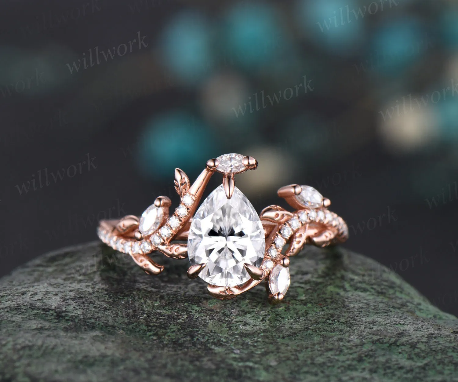 Vintage pear cut moissanite engagement ring set solid 14k rose gold moon leaf half eternity diamond promise wedding ring set women gift sold by Willwork Jewelry product image thumbnail 4