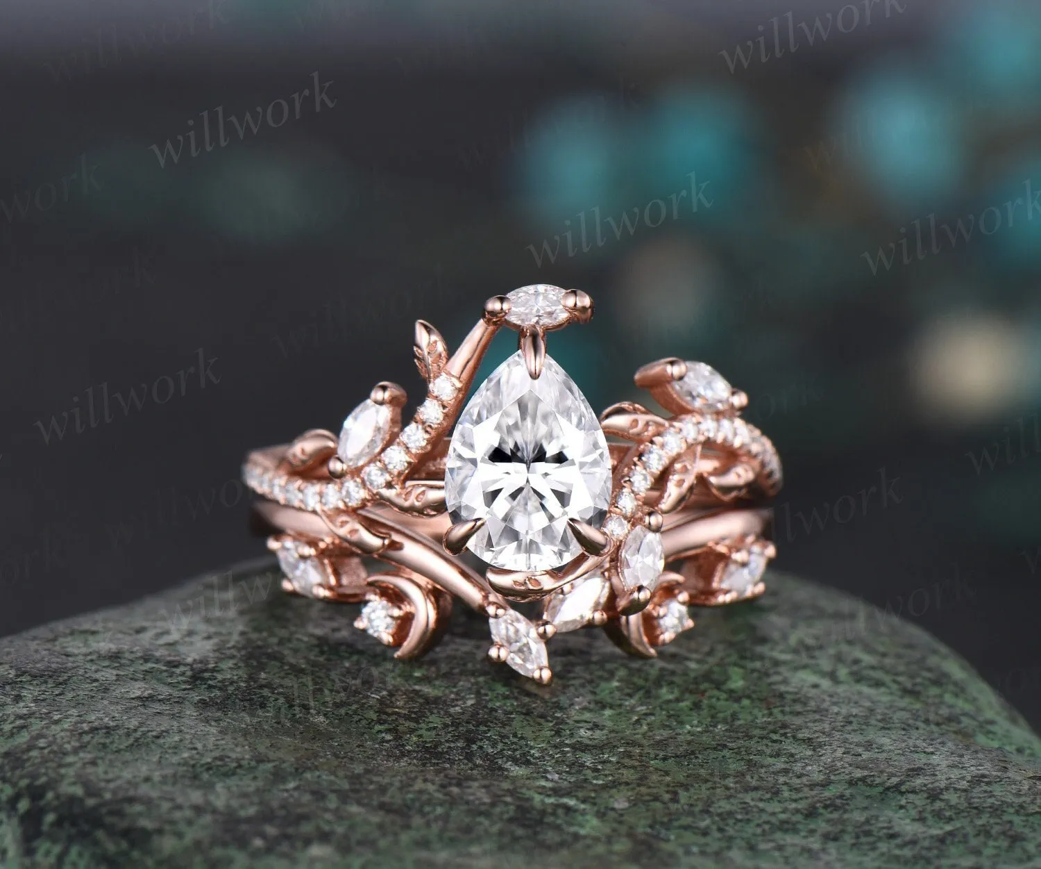 Vintage pear cut moissanite engagement ring set solid 14k rose gold moon leaf half eternity diamond promise wedding ring set women gift sold by Willwork Jewelry