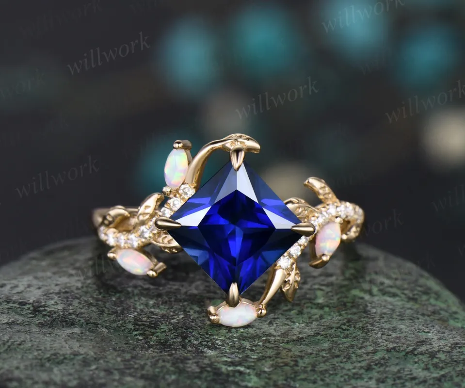 Vintage princess cut blue sapphire engagement ring solid 14k yellow gold leaf half eternity diamond opal wedding anniversary ring women gift sold by Willwork Jewelry