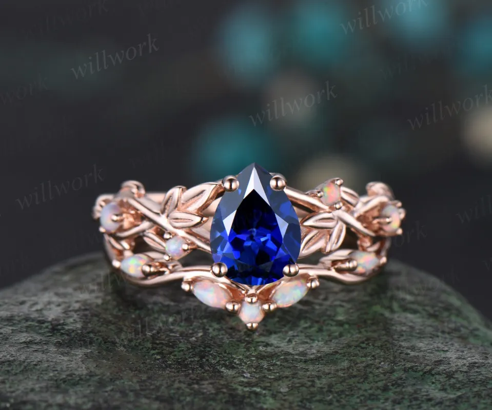 Pear shaped blue sapphire ring vintage five stone opal ring rose gold leaf nature inspired engagement ring twisted wedding ring set women sold by Willwork Jewelry