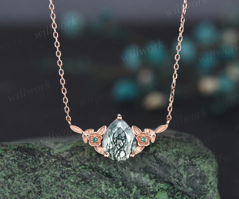 Pear shaped green moss agate necklace solid 14k rose gold three stone nature inspired leaf floral emerald necklace anniversary gift women sold by Willwork Jewelry